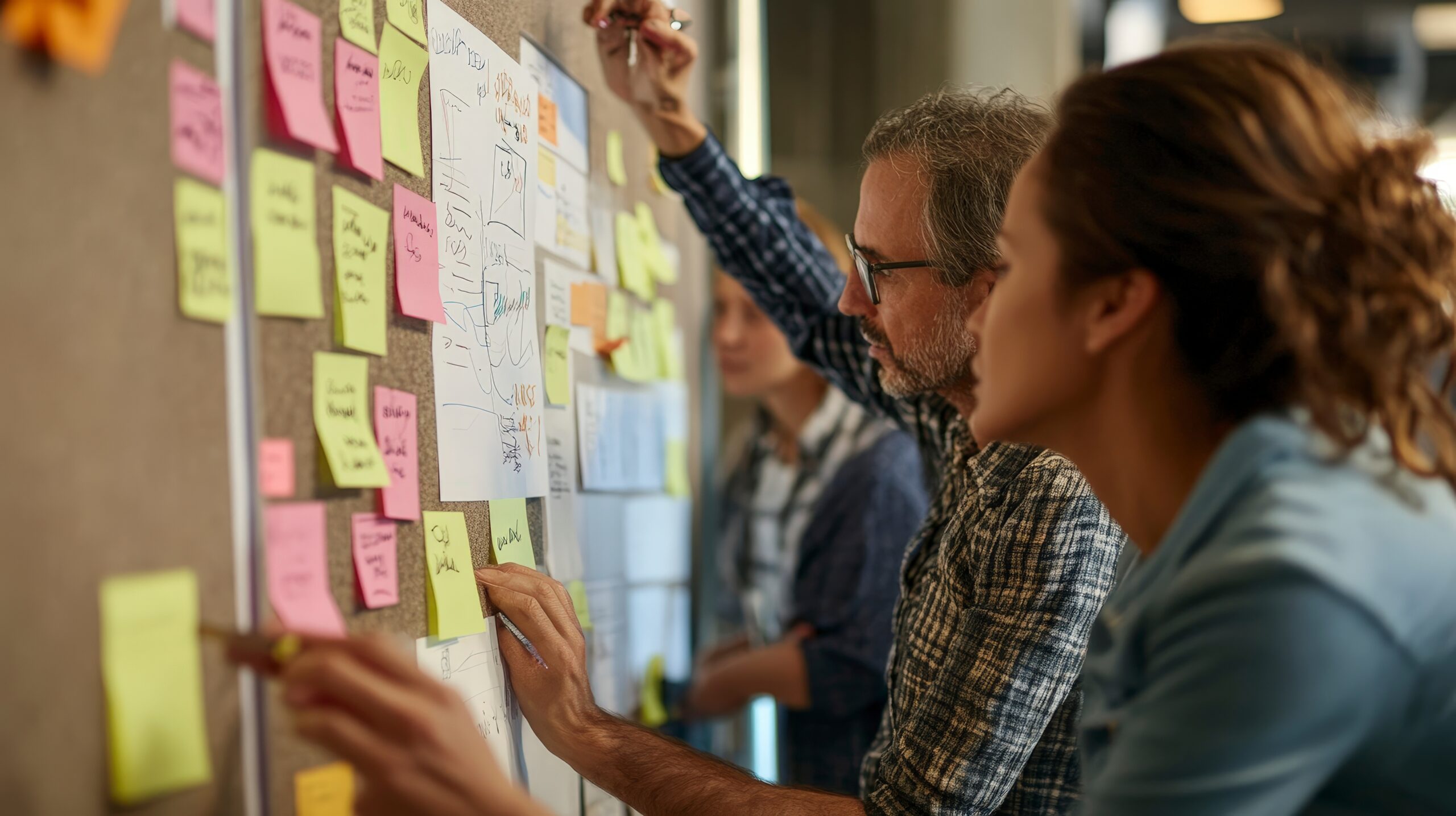 Collaborative Business Strategy Session with Professionals Planning on a Strategy Board with Post-it Notes and Charts